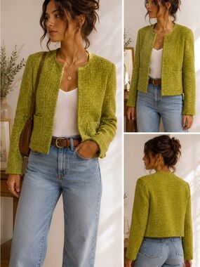 J.Crew Lime Green Wool Blend Tweed Open Front Blazer Jacket Size 2